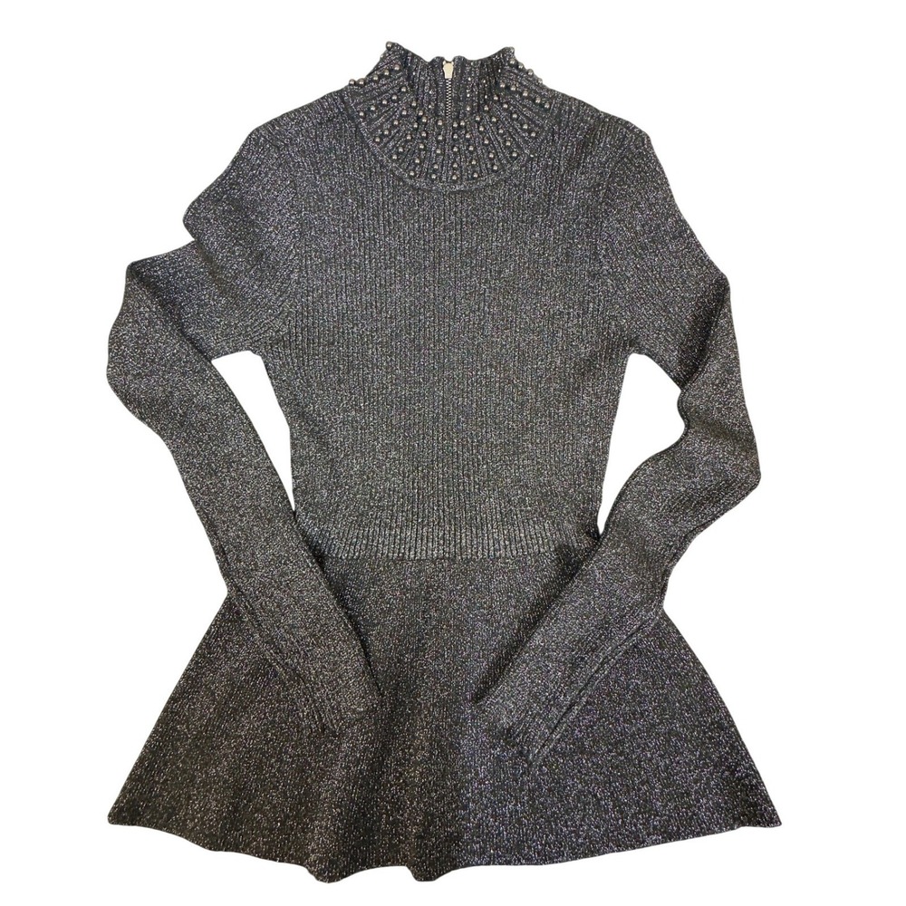 Beldini Black Silver Metallic Studded Mock Neck Peplum Knit Top Sweater Small